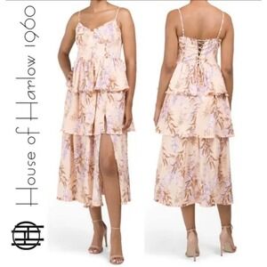 House of Harlow Linen Bustier Lace-up-back  Tiered Maxi Dress Size Small NWOT
